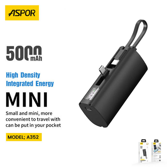 Aspor A352 Mini 5000mAh Power Bank with Dual Type-C Flex Ports