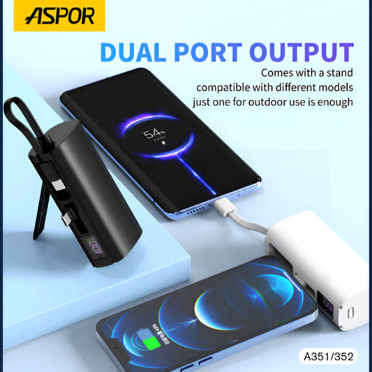 Aspor A352 Mini 5000mAh Power Bank with Dual Type-C Flex Ports